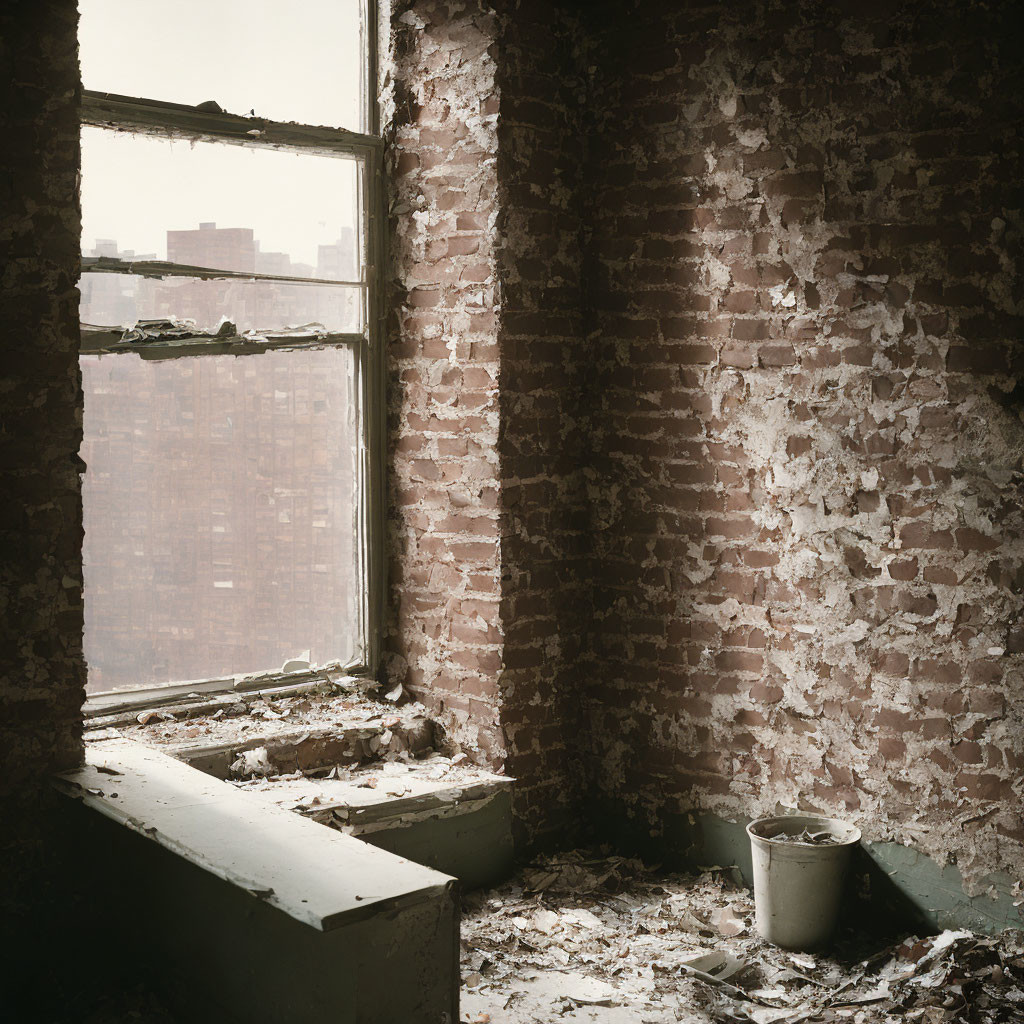 Abandoned room with exposed brick walls and city view.