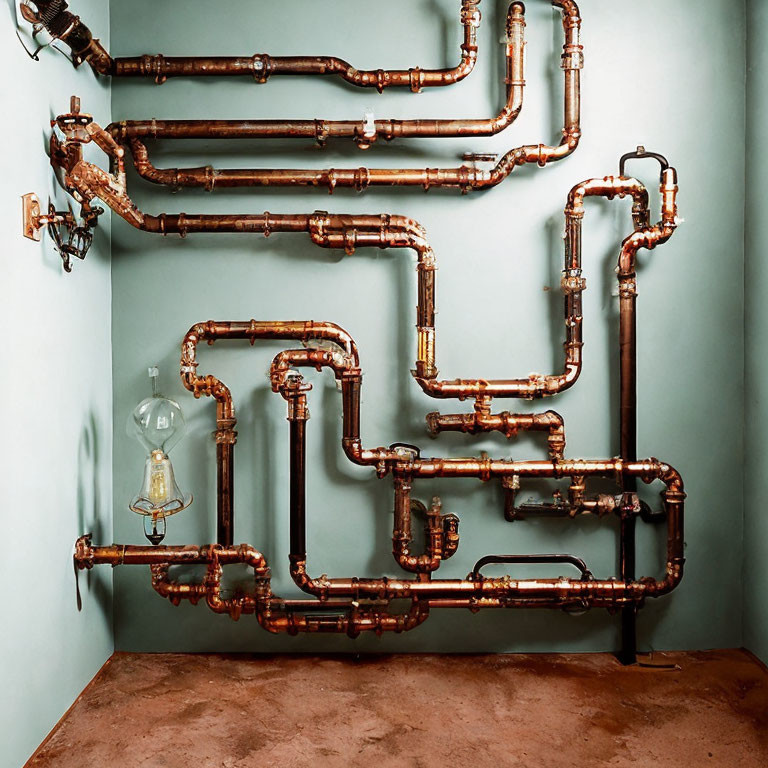 Intricate copper pipe network on blue-green wall with vintage light bulbs