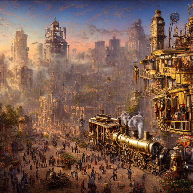 Steampunk cityscape with retrofuturistic architecture and steam locomotive in golden light