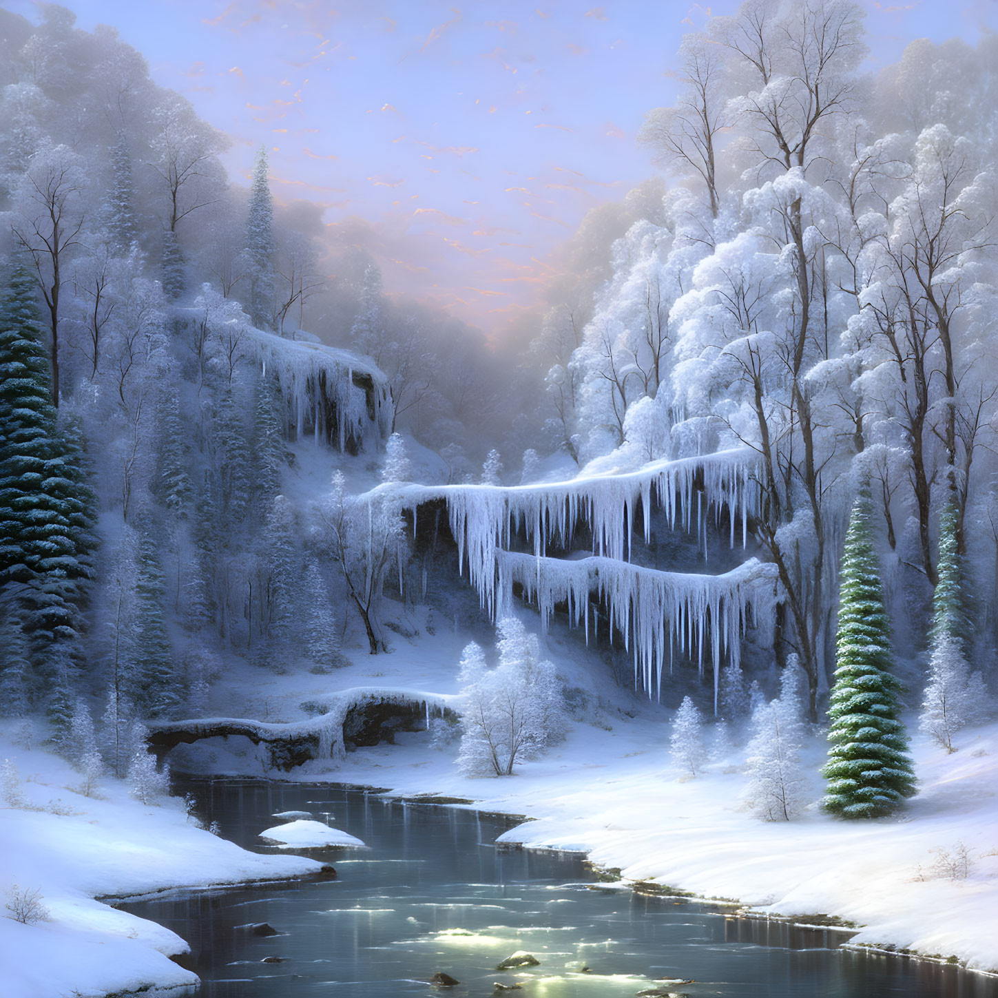 Snow-covered trees, frozen waterfall, and gentle stream in serene winter landscape
