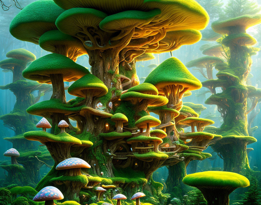 Vibrant green shelf mushrooms on large tree in misty forest