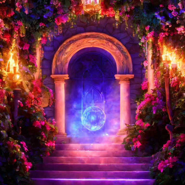 Enchanting archway entrance with glowing stairs, vibrant flowers, torches, and mystical blue orb