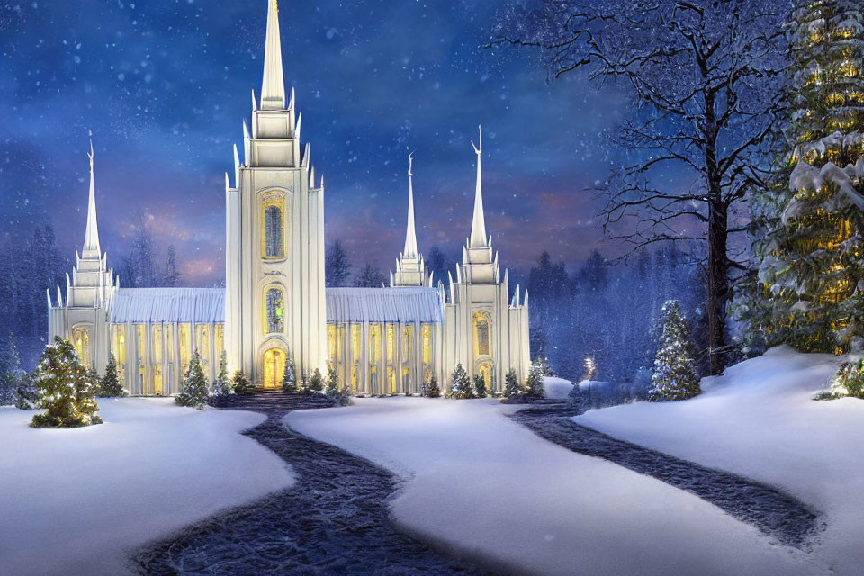 Snowy Night Scene: Illuminated Church with Spires, Trees, and Path