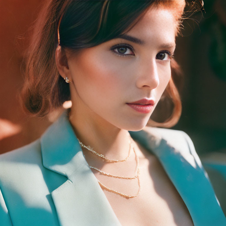 Brown-haired woman in light blue blazer and necklaces gazes at camera in warm lighting