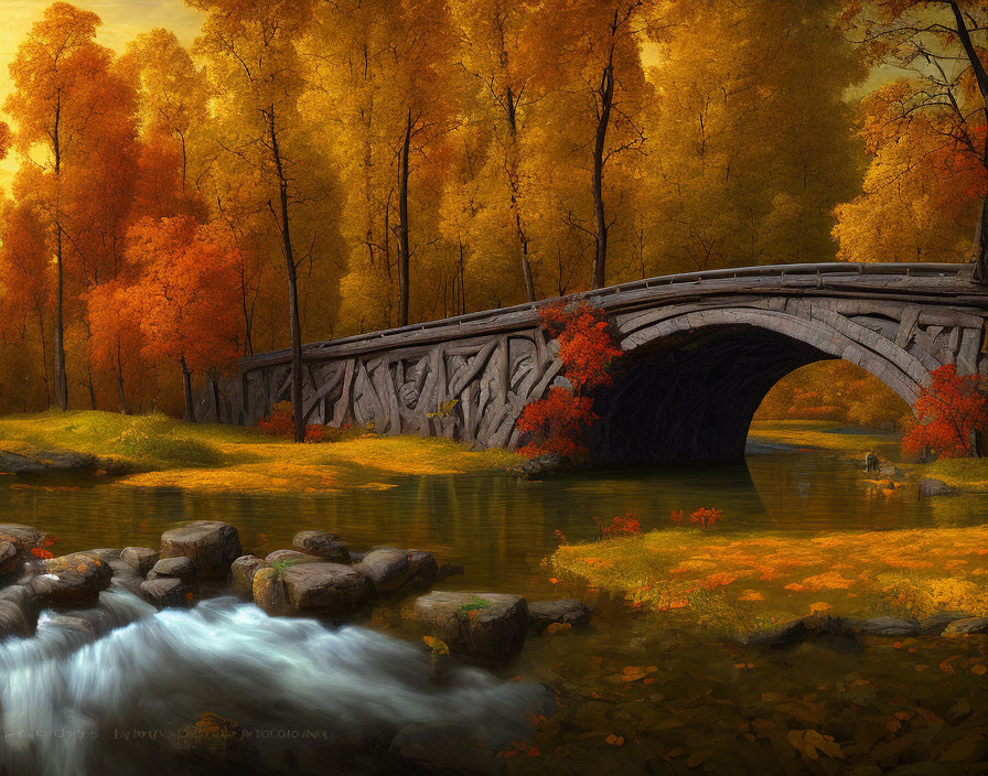 Ornate stone bridge over tranquil river with autumnal trees