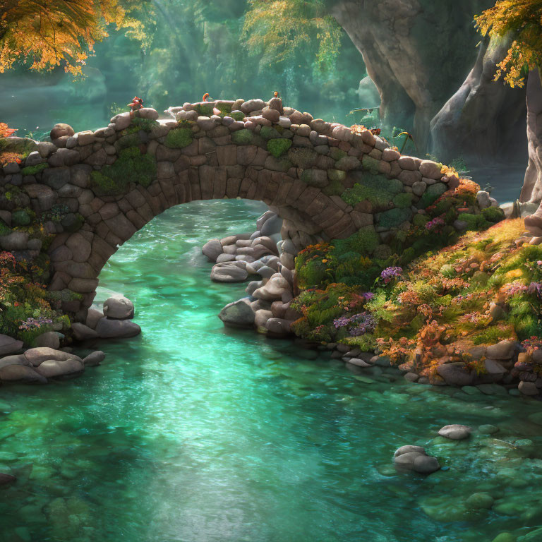 Stone bridge over tranquil stream in forested landscape