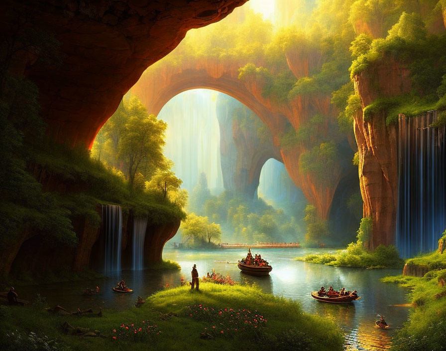 Tranquil landscape of sunlit cavern with waterfalls, river, boats, people, lush green