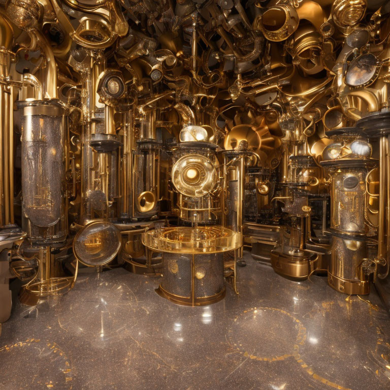 Steampunk-themed room with golden pipes and gauges