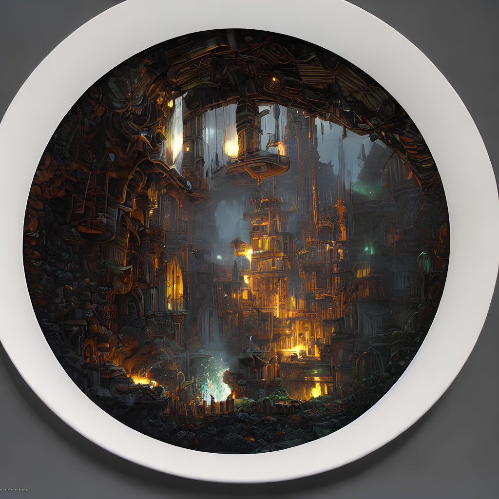 Circular-framed underground city with glowing lanterns and intricate architecture among rocks