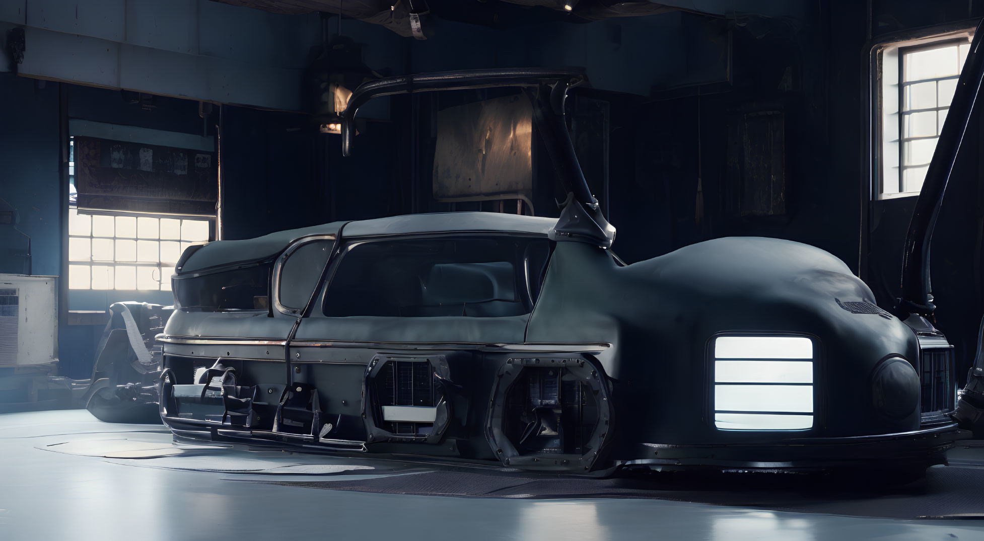 Classic car body in dark garage: sleek design for restoration/customization