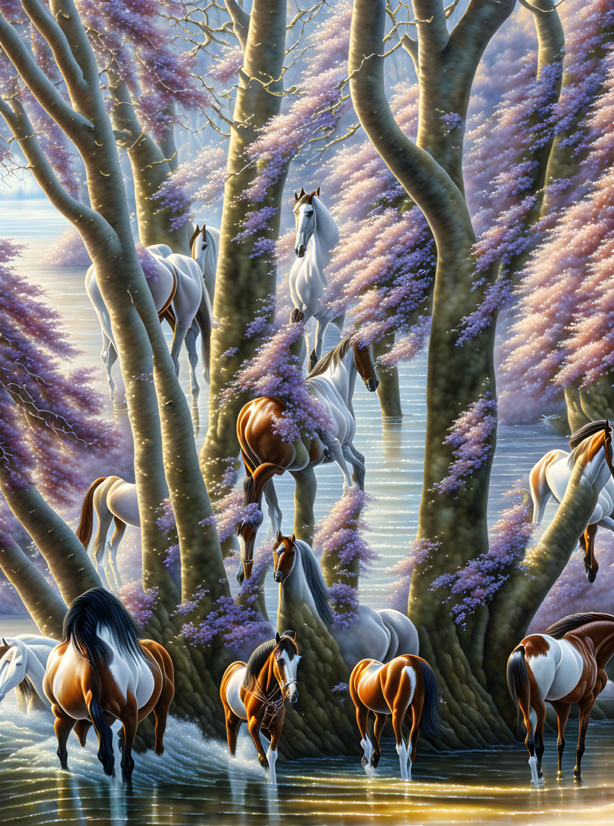 Mystical forest with white and brown horses and purple blossoms