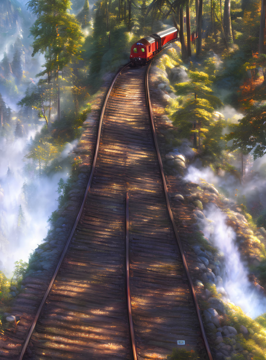 Red Train on Curving Wooden Railway in Misty Forest