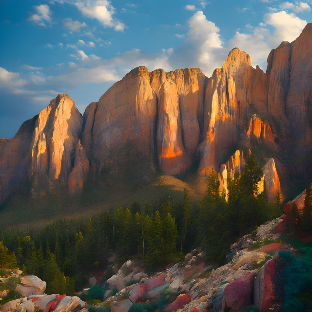 Sunset light on majestic mountain peaks with dense forest and rocky terrain.