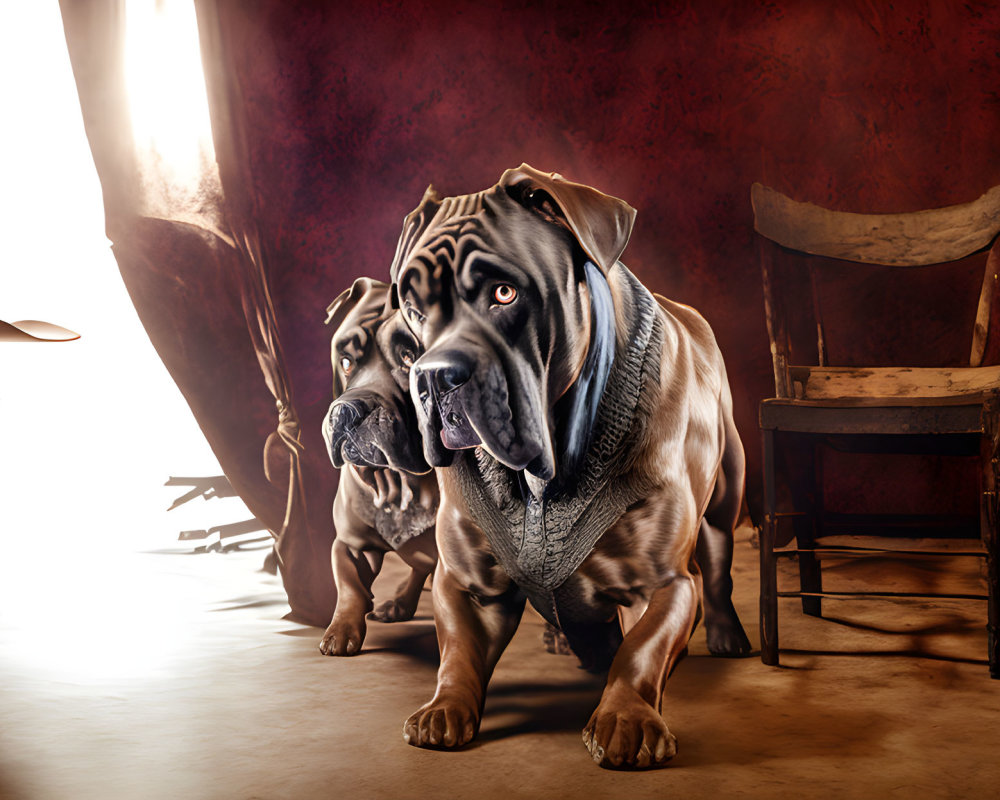Two muscular dogs in a dramatic, western-style room with a shaft of light.