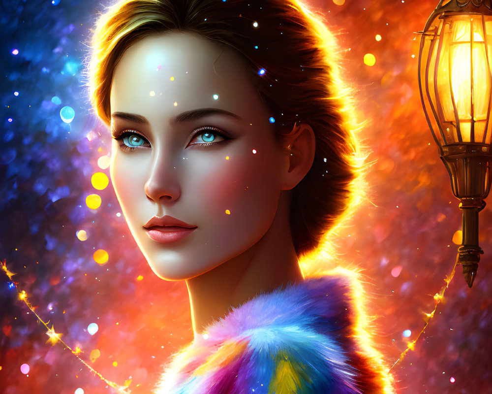 Digital Artwork: Woman with Luminous Blue Eyes and Glowing Lantern