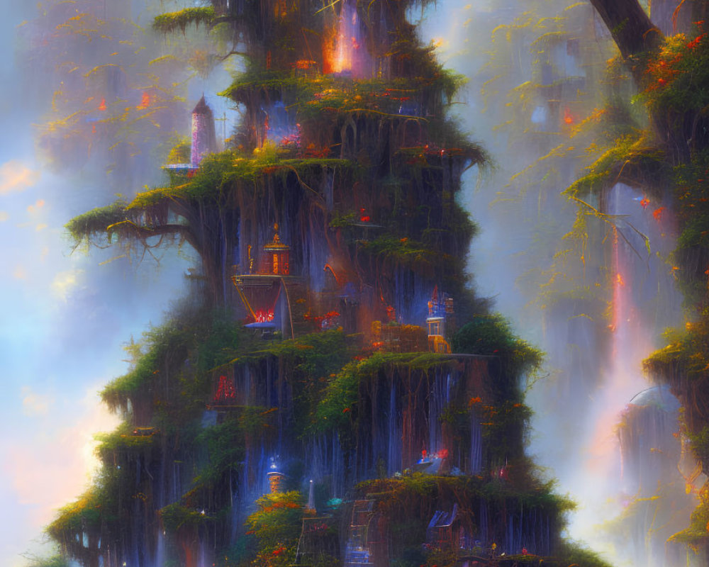 Mystical fantasy tree with waterfalls, glowing lights, and ancient treehouses in misty forest