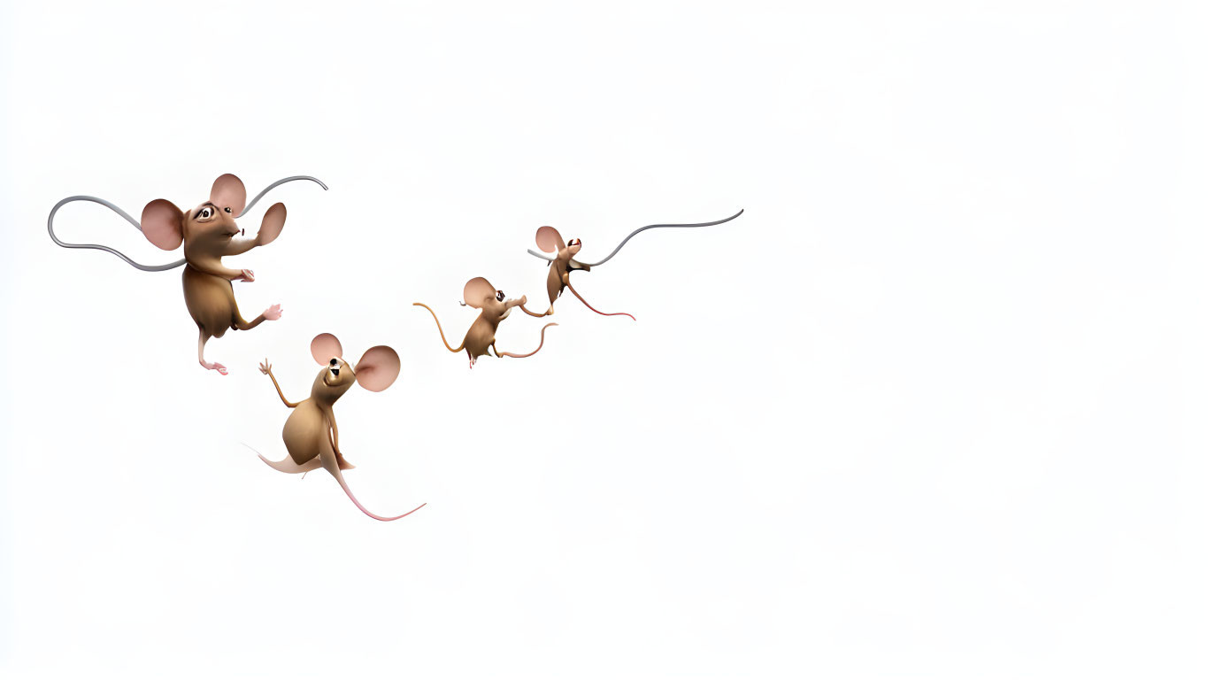 Four Flying Animated Mice in Various Poses on White Background