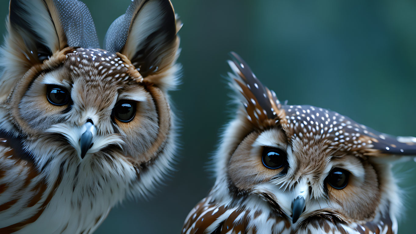 Brown and White Owls with Large Black Eyes on Blurry Blue Background