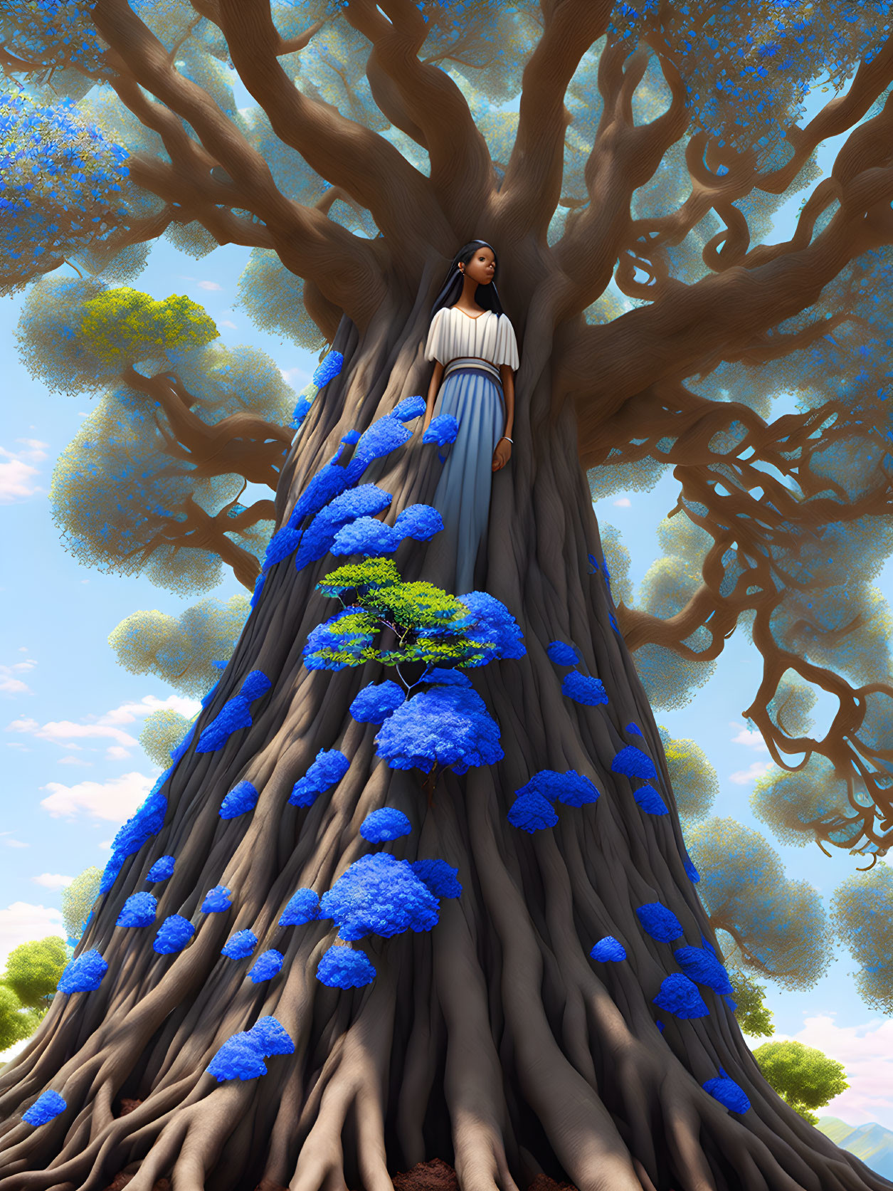 Woman in White and Blue Dress Standing on Massive Tree Roots under Clear Sky