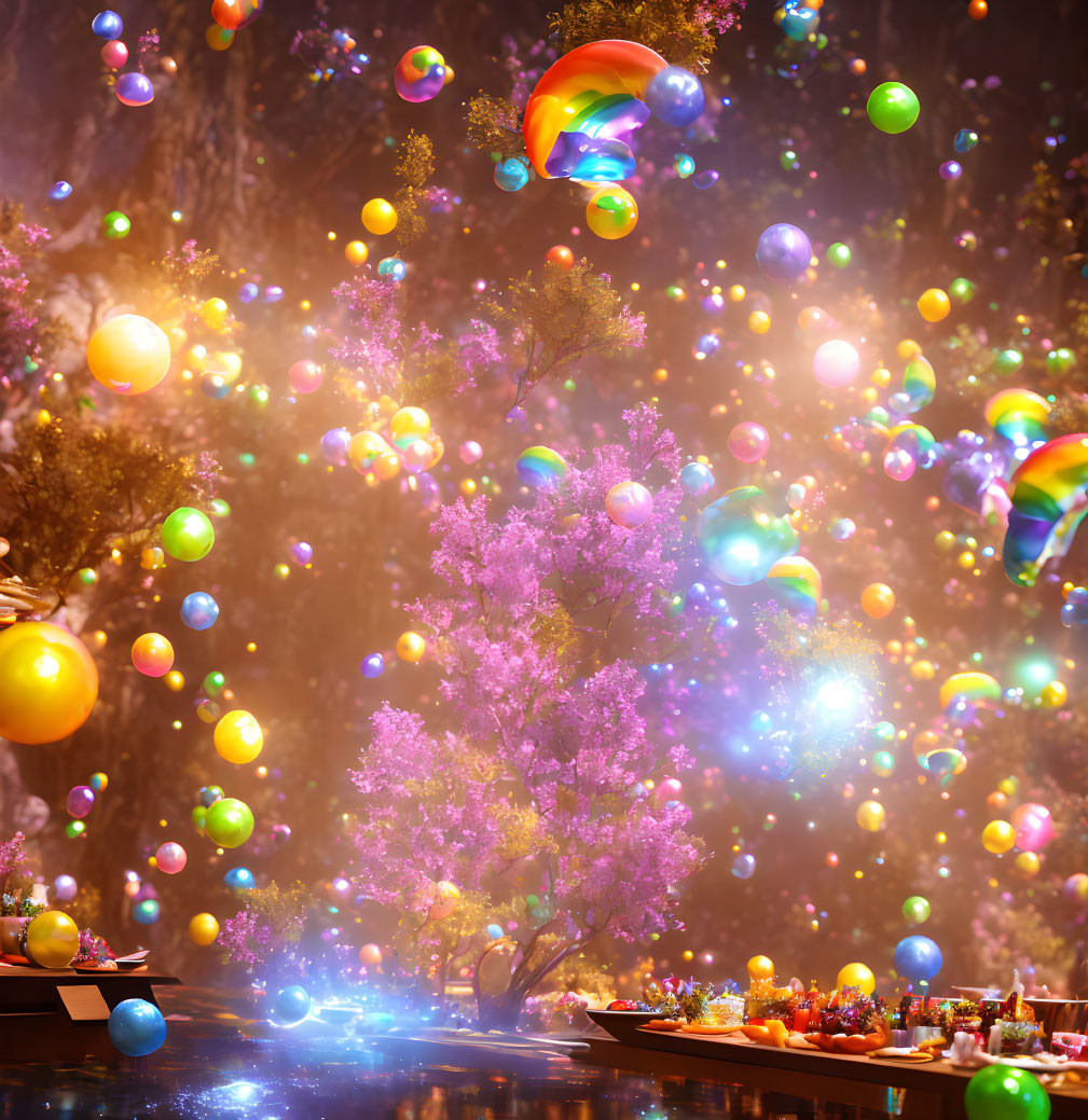 Colorful bubbles and blooming tree in festive scene