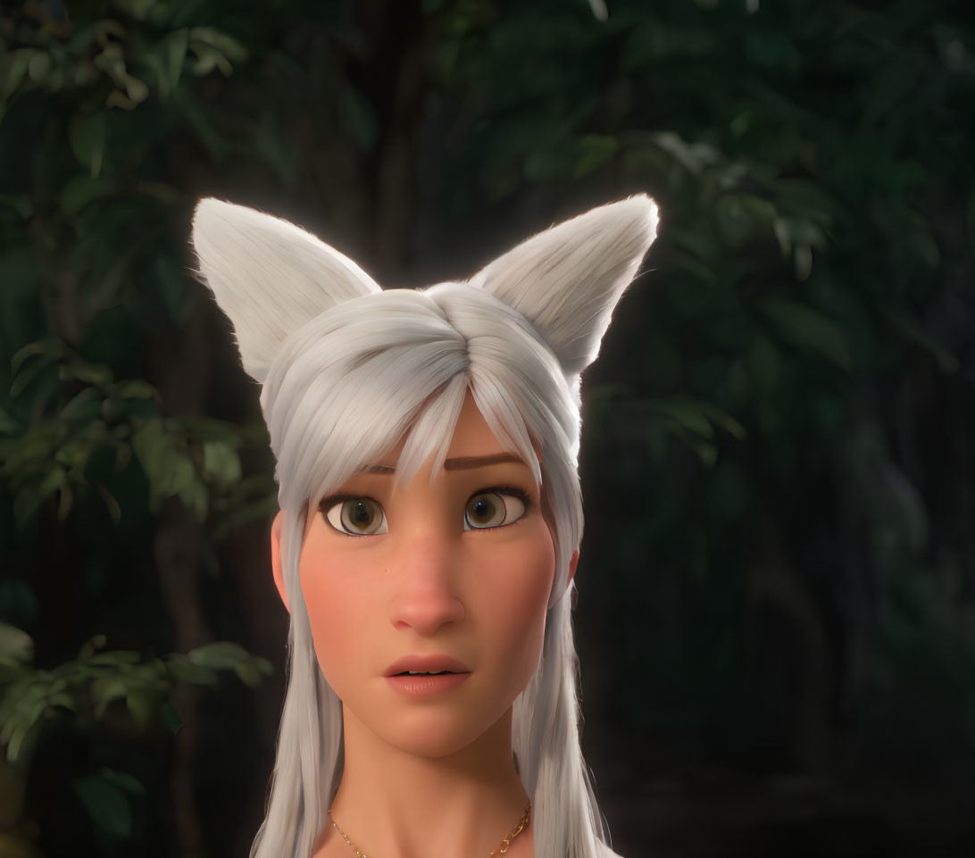 Surprised female character with fox ears, golden eyes, and silver hair in dark forest