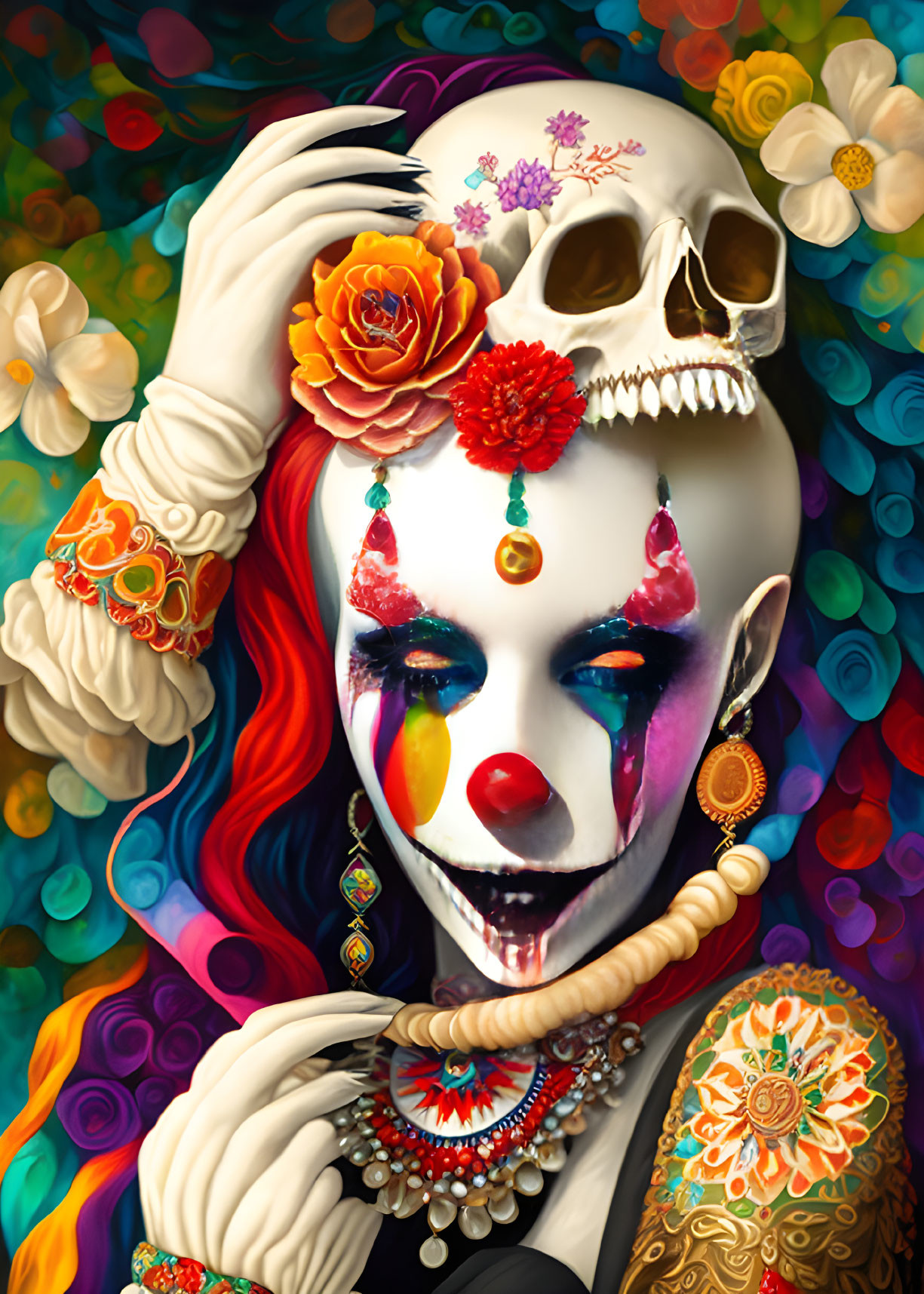 Colorful Day of the Dead-themed person illustration with skull face paint and floral accessories.