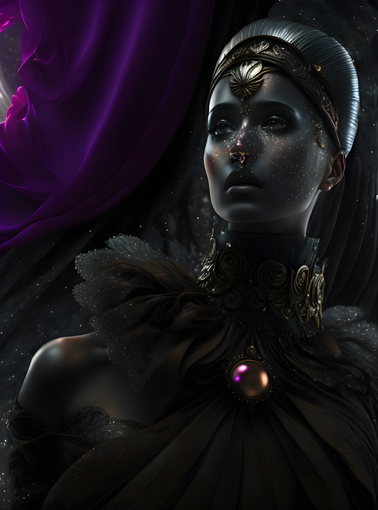 Dark-skinned woman with embellished features and orb jewelry in mysterious setting