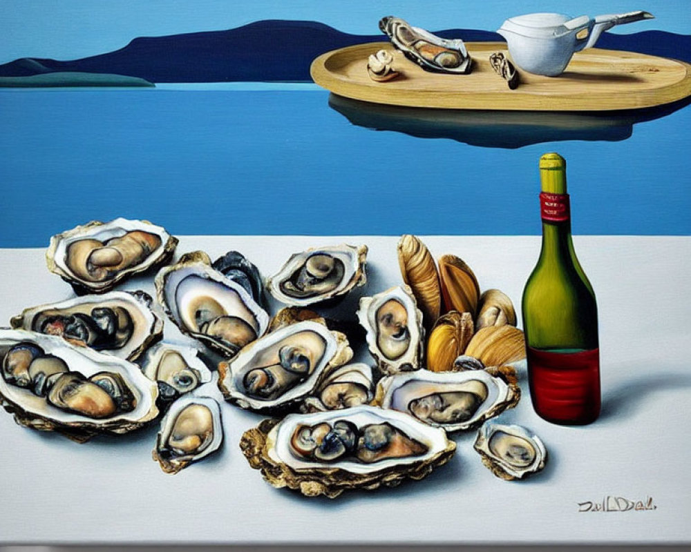 Still life painting: oysters, clams, lemon, wine bottle on table with sea landscape.