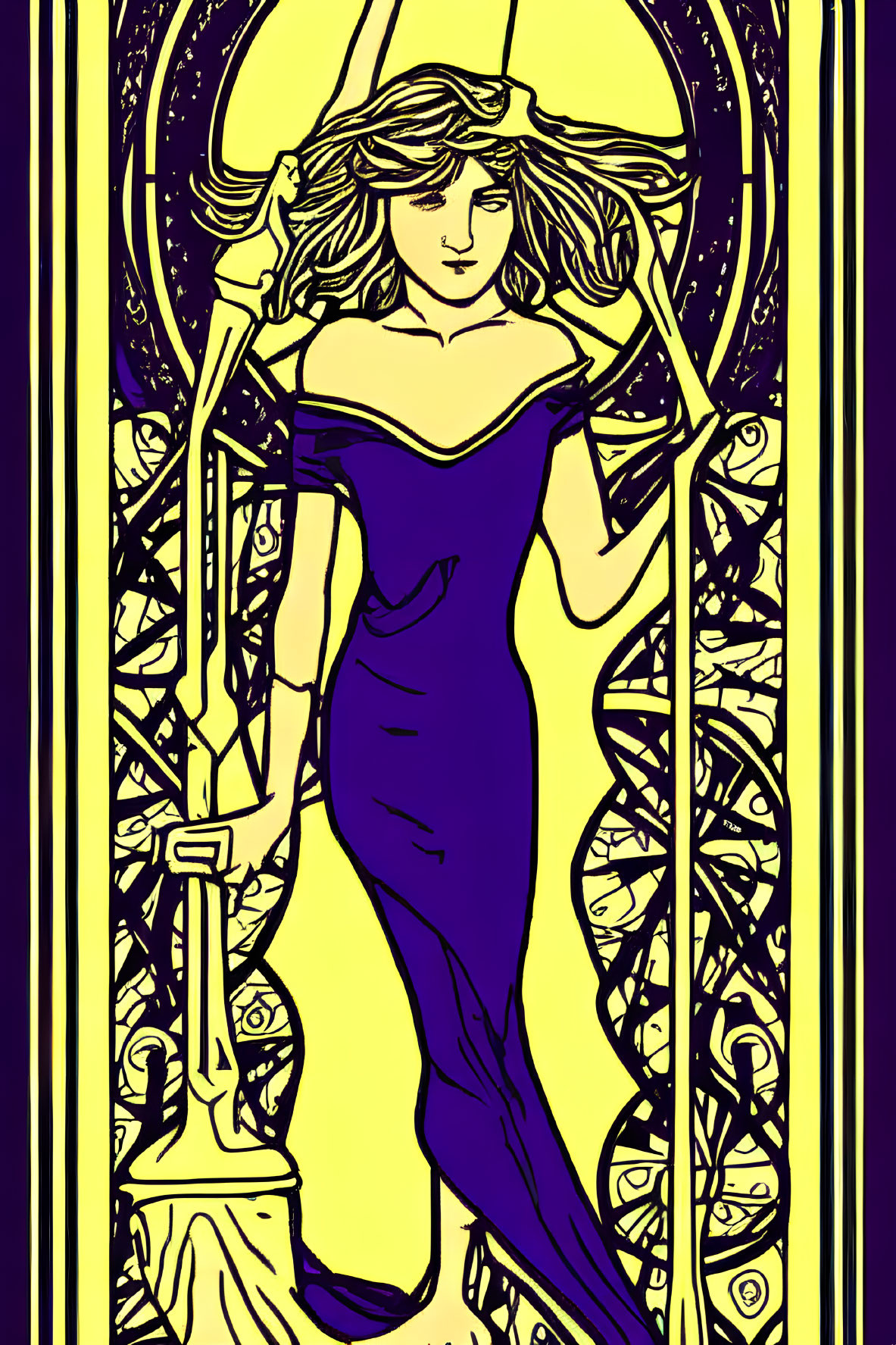 Art Nouveau Woman in Purple Dress with Staff and Intricate Background