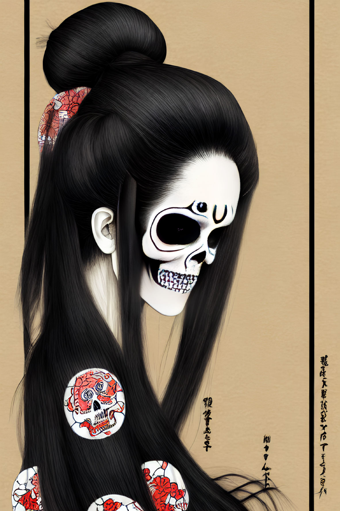 Stylized illustration of person with black hair and skull makeup in Japanese motif setting