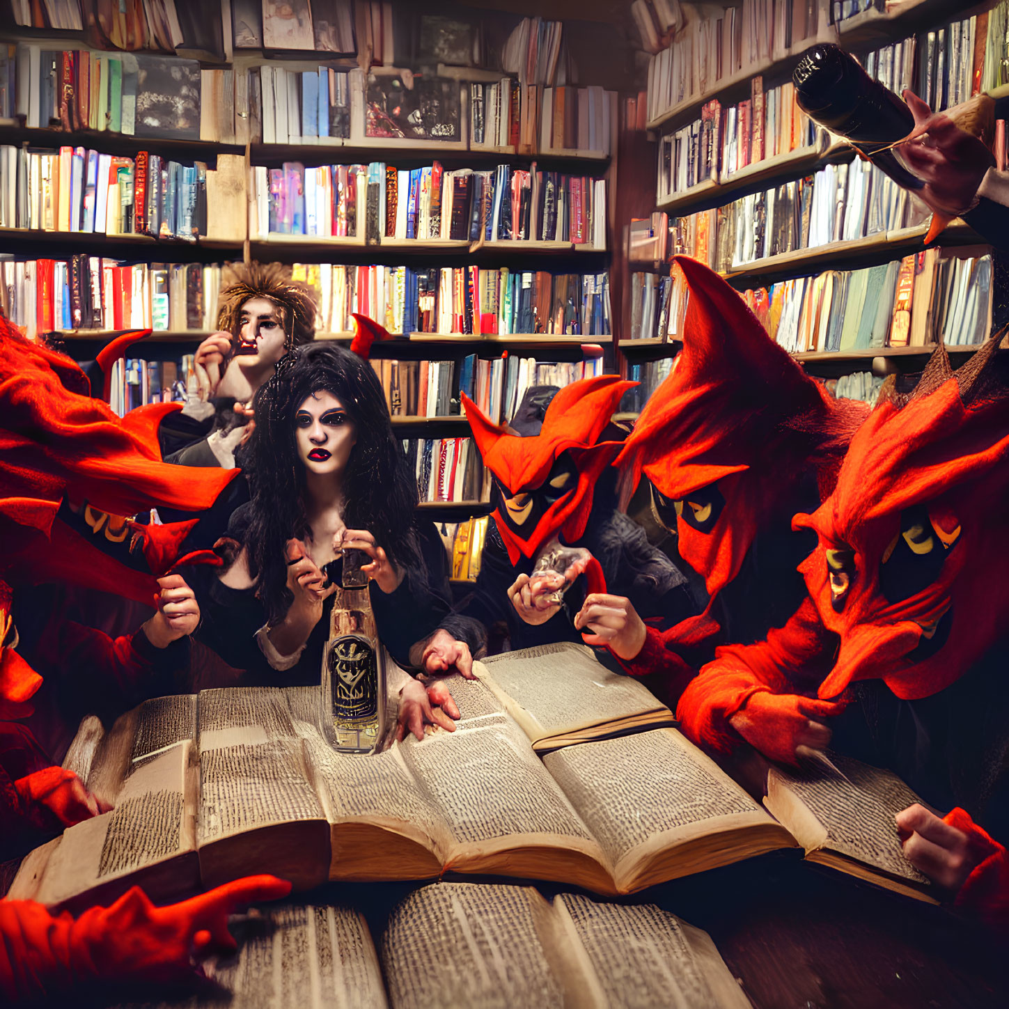 Dark Gothic Characters Surrounded by Menacing Figures in Book-Filled Room