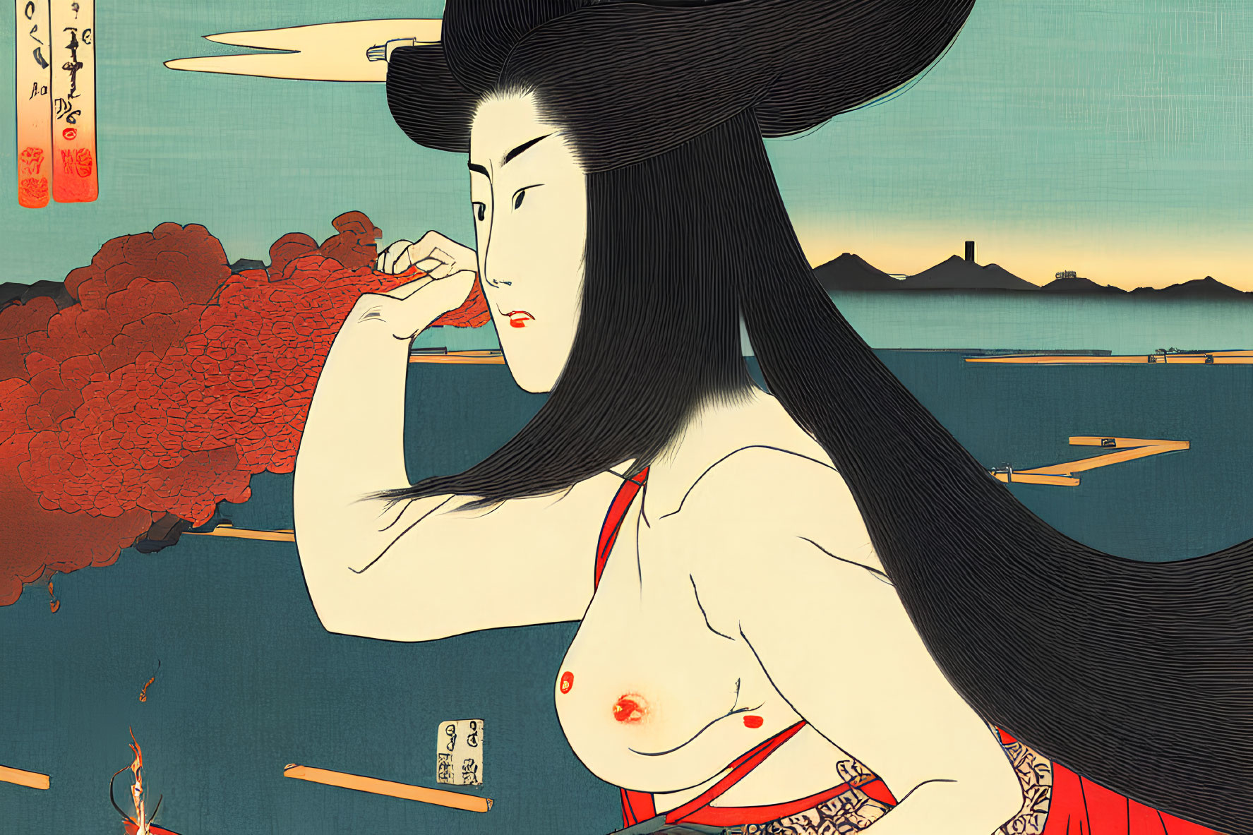 Japanese ukiyo-e style: Woman in red kimono with long black hair, scenic backdrop,