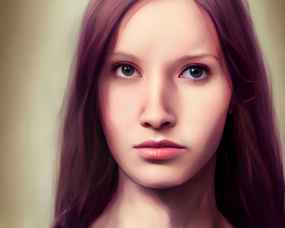 Digital portrait of young woman with long brown hair and intense blue eyes against gradated background