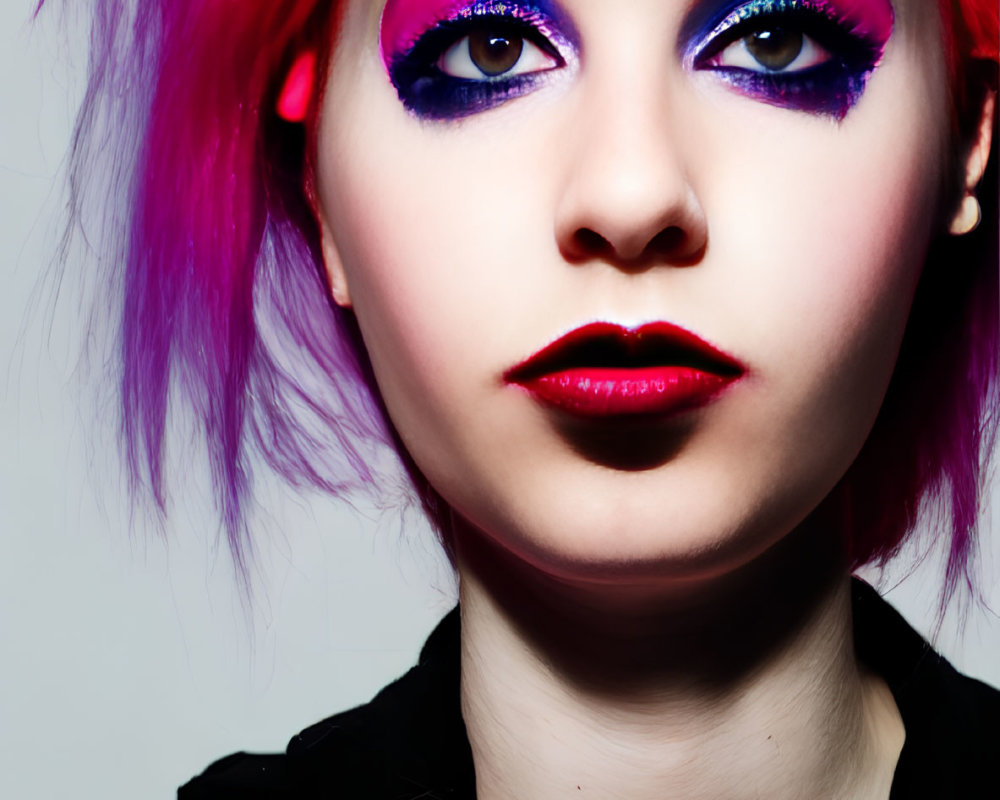 Vibrant pink hair woman with bold purple eye makeup in glossy pink jacket