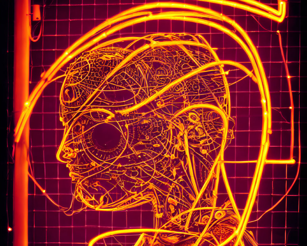 Neon sign with stylized humanoid face in profile and intricate patterns