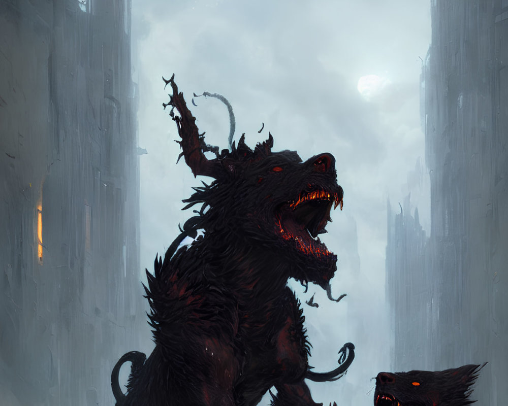 Black beast with glowing red eyes in gothic landscape