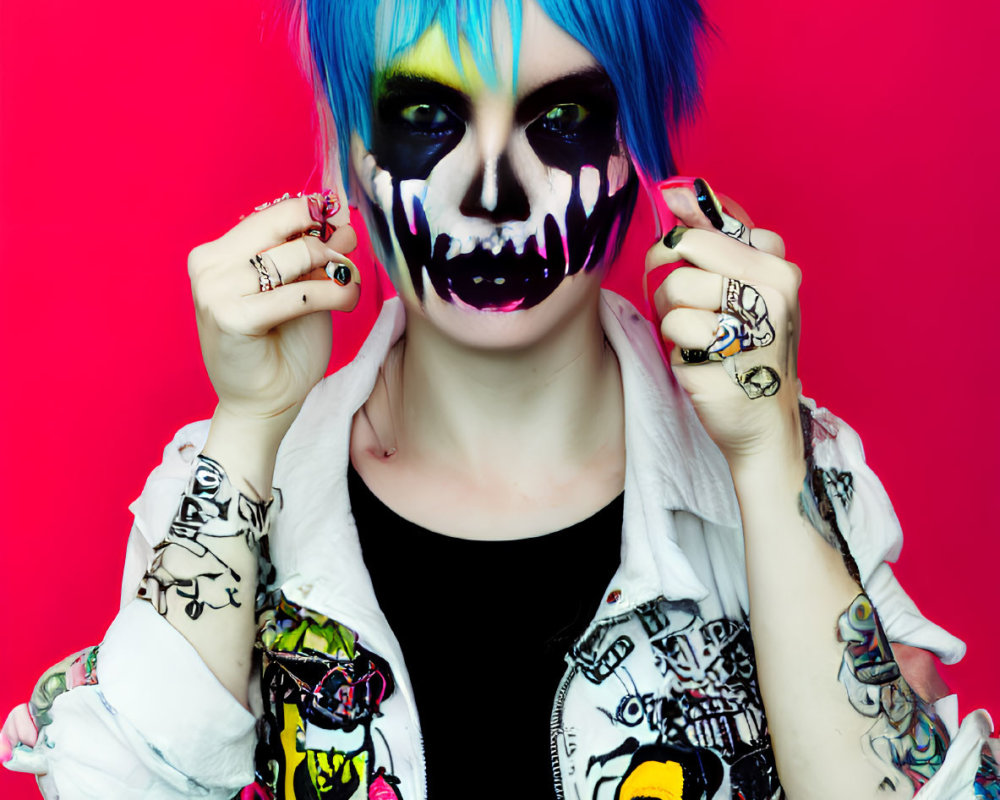 Blue-haired person with skull makeup in white jacket on pink background