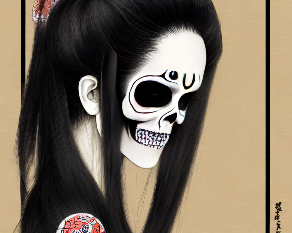 Stylized illustration of person with black hair and skull makeup in Japanese motif setting
