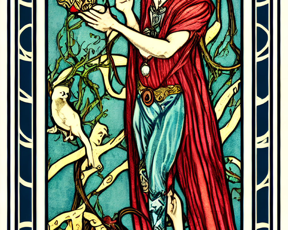 Illustration of person in red and blue robes with cup in Art Nouveau style