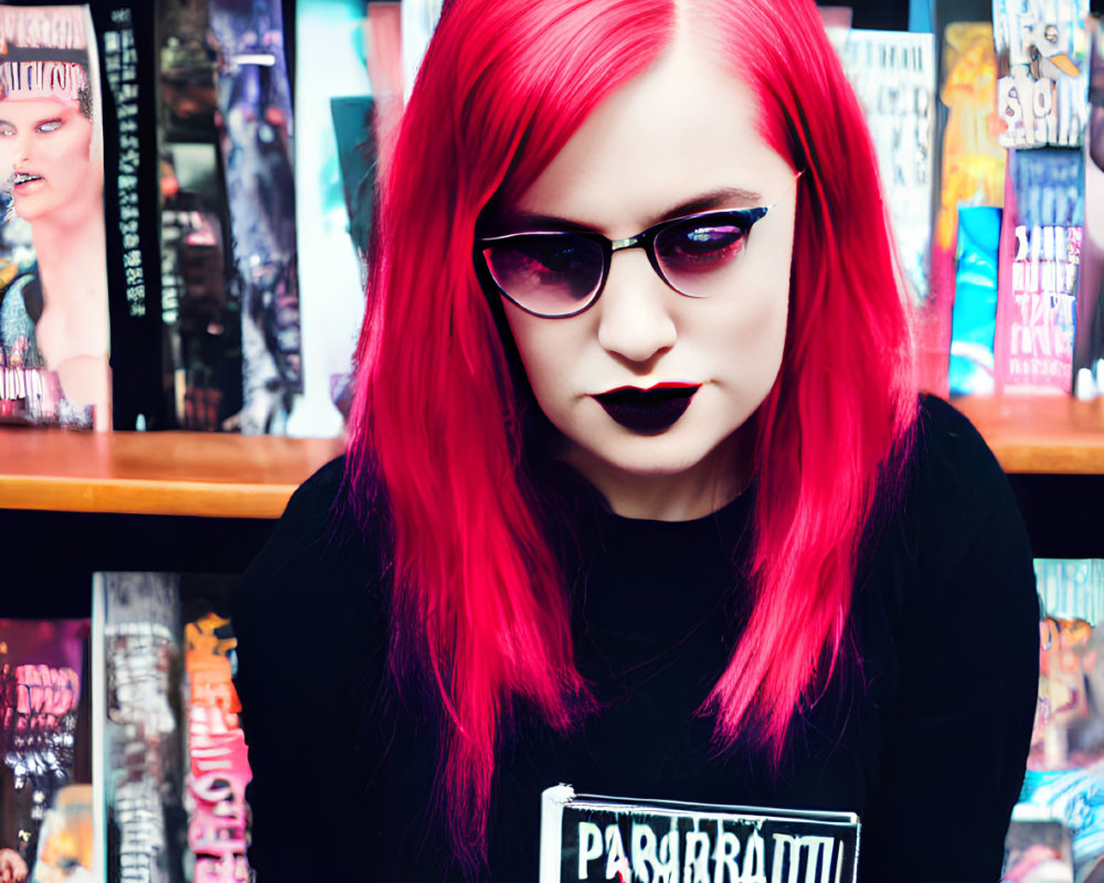 Vibrant red-haired person with sunglasses holding open book in front of bookshelf