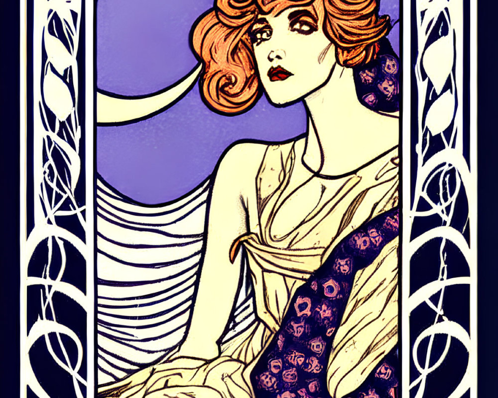 Art Nouveau Woman Illustration with Red Hair and Patterned Dress