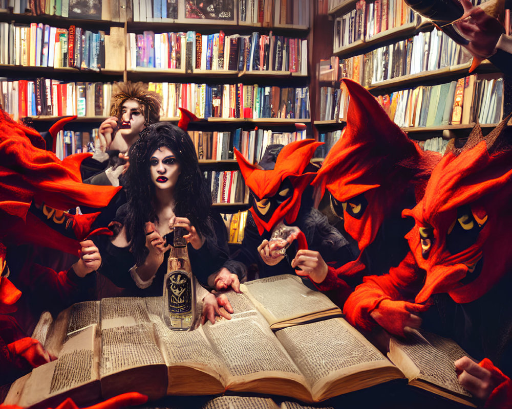 Dark Gothic Characters Surrounded by Menacing Figures in Book-Filled Room