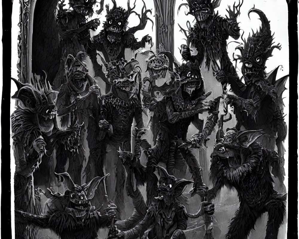 Monochrome illustration: Menacing creatures with horns and fangs emerging from doorway