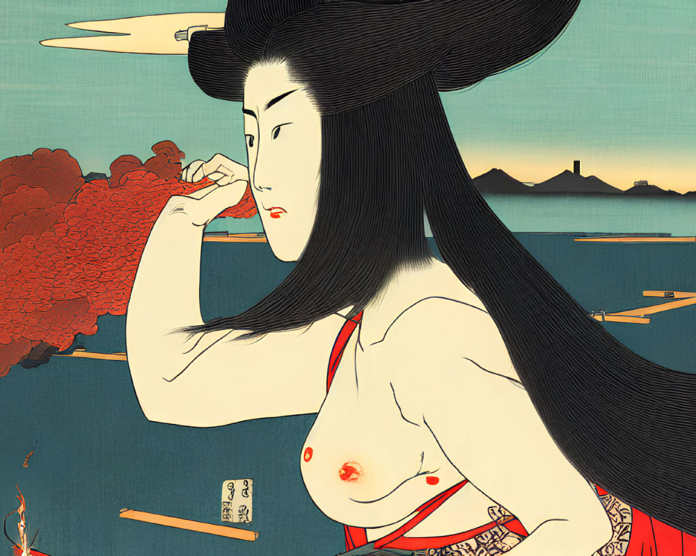 Japanese ukiyo-e style: Woman in red kimono with long black hair, scenic backdrop,