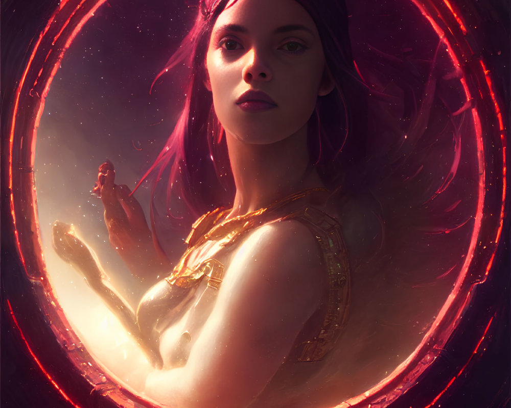 Woman with headband in glowing red magical aura under dramatic lighting