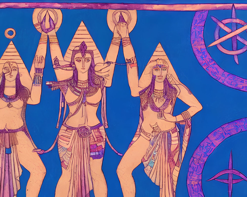 Artwork of Three Figures with Egyptian-Style Headdresses and Sun Disc