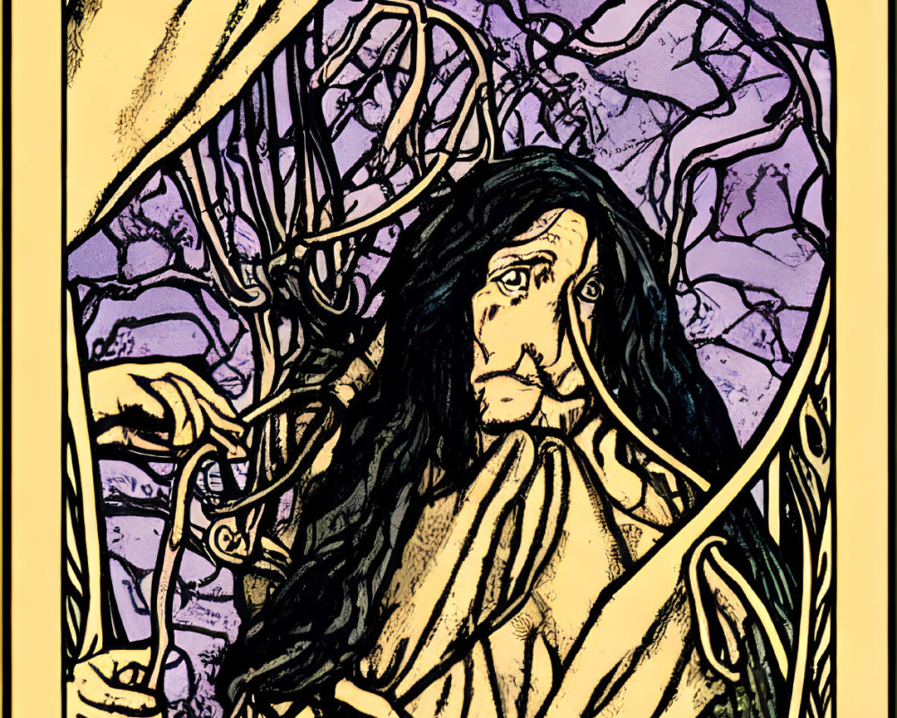 Intricate stained glass-inspired artwork of woman with long hair amid twisted tree branches under violet sky