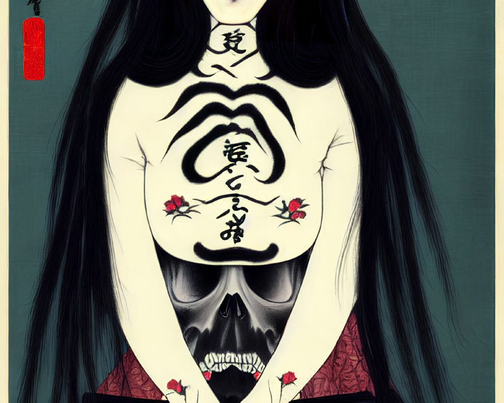 Skeletal figure in Japanese geisha attire with body tattoos and fan on green background.
