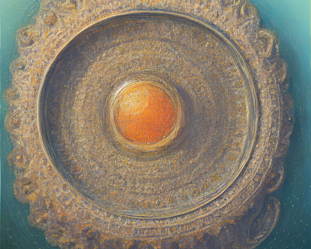 Intricate golden circular relief with glowing orange center on teal background