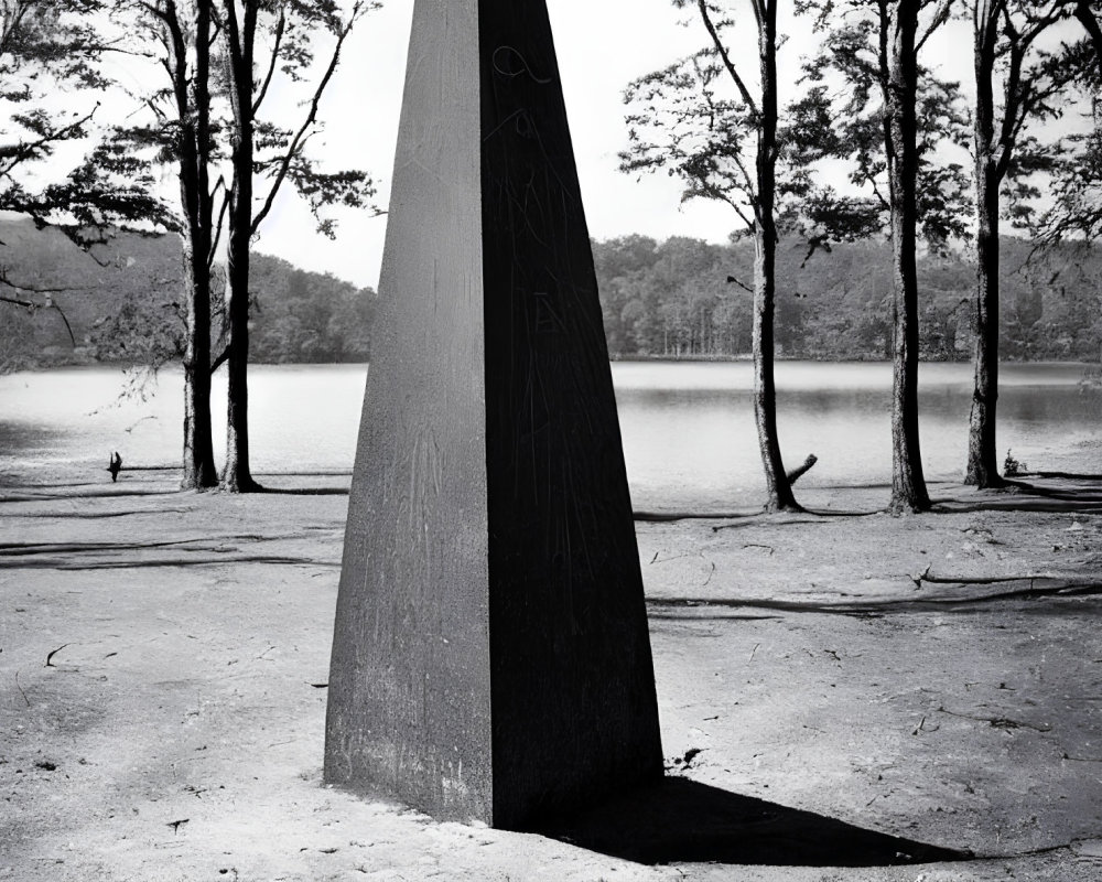 Monochrome image of triangular sculpture in forest with lake view